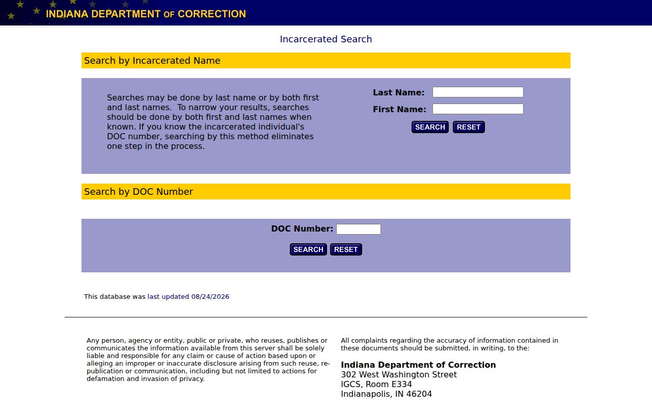 Indiana Department of Correction name and DOC number search for a resident lookup